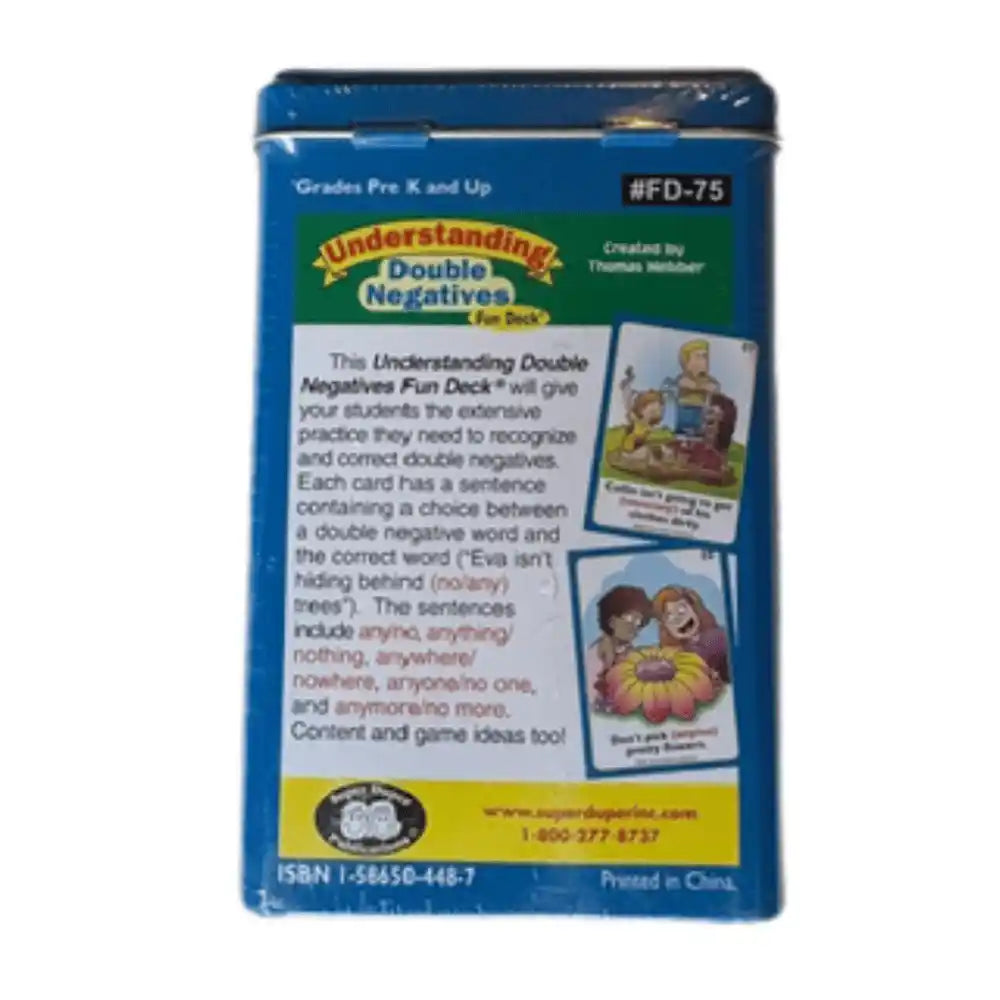 Understanding Double Negatives Fun Deck in a blue tin package, featuring educational content and sample card illustrations on a white background.