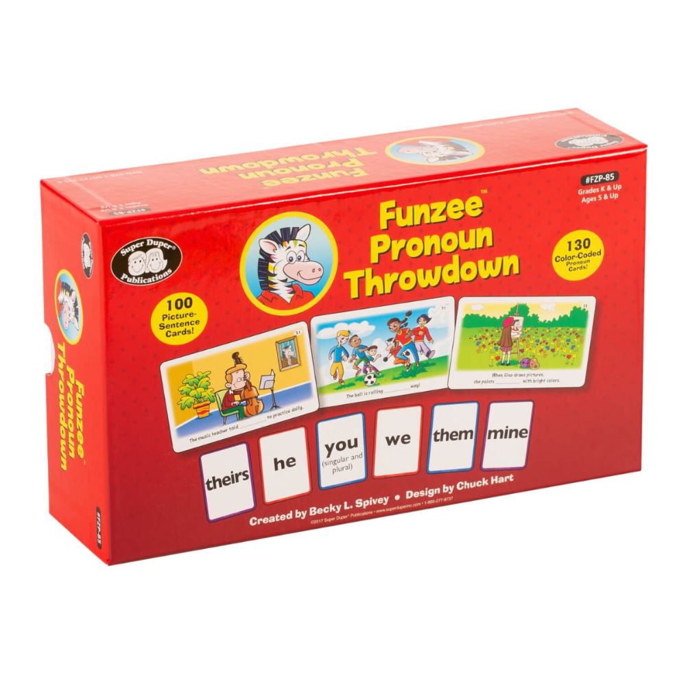 Funzee® Pronoun Throwdown Card Game, educational game that helps Speech-Language Pathologists (SLPs) teach children pronouns