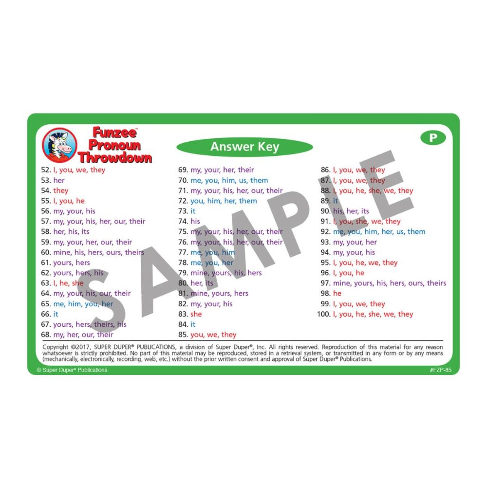 Funzee® Pronoun Throwdown Card Game, Answer Key
