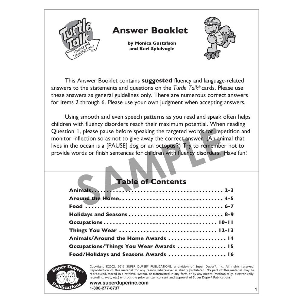 Turtle Talk® Fluency and Language Game for students and children answer booklet