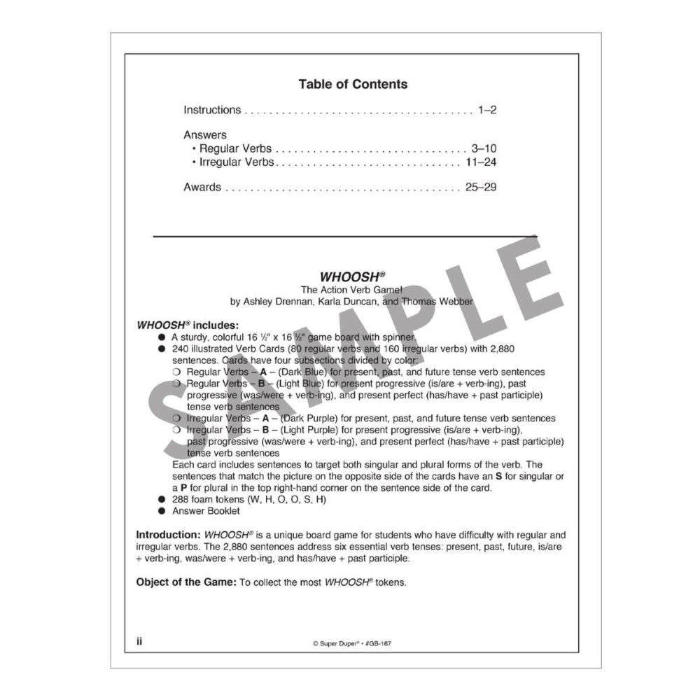 WHOOSH® Action Verb Game, Table of Contents