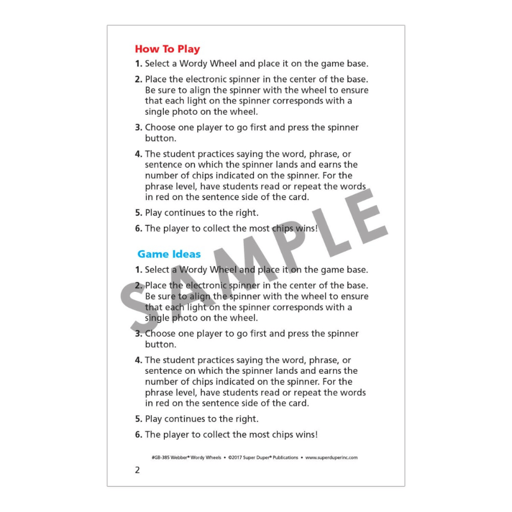 Webber® Wordy Wheels® (S/L/R and Vocalic R) Instructions