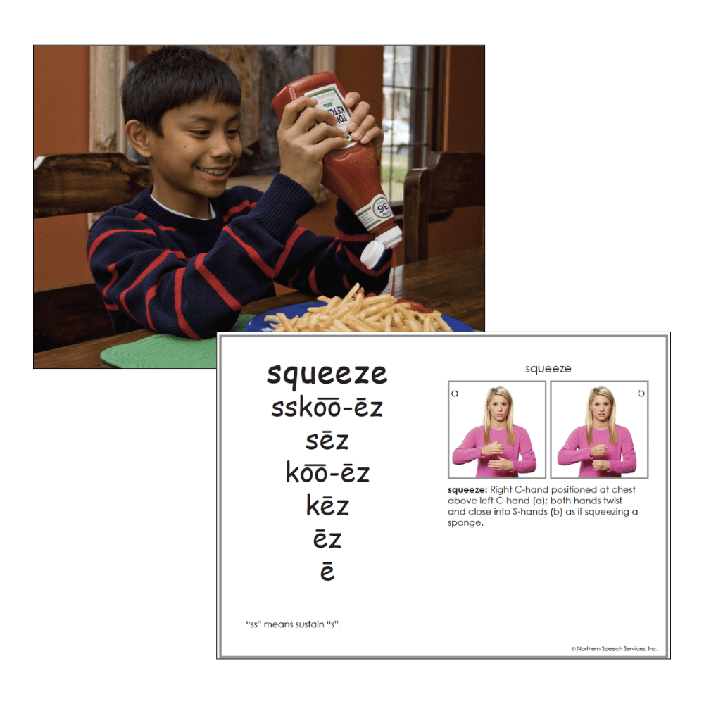 Child squeezing a ketchup bottle with text and sign language illustration for the qord "squeeze" on a white background