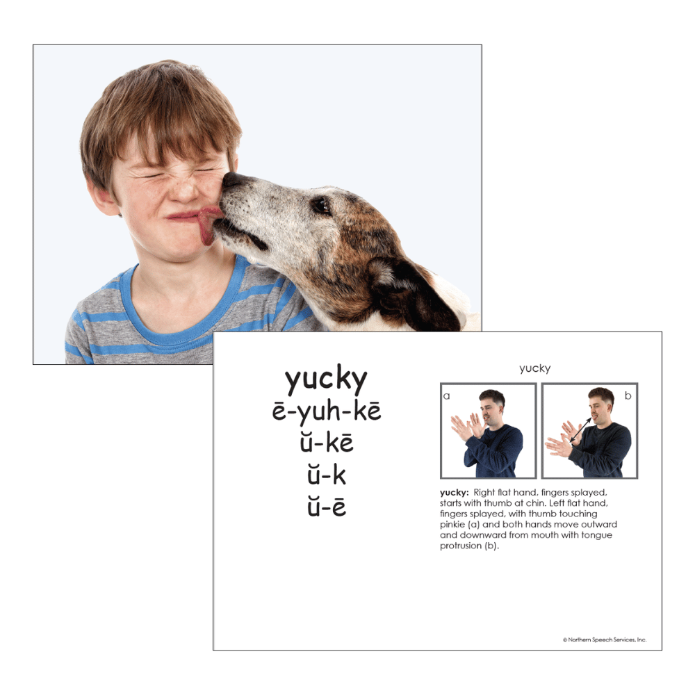 A dog licking a child's face and text and phonetic transcription of the word "yuck" on a white background