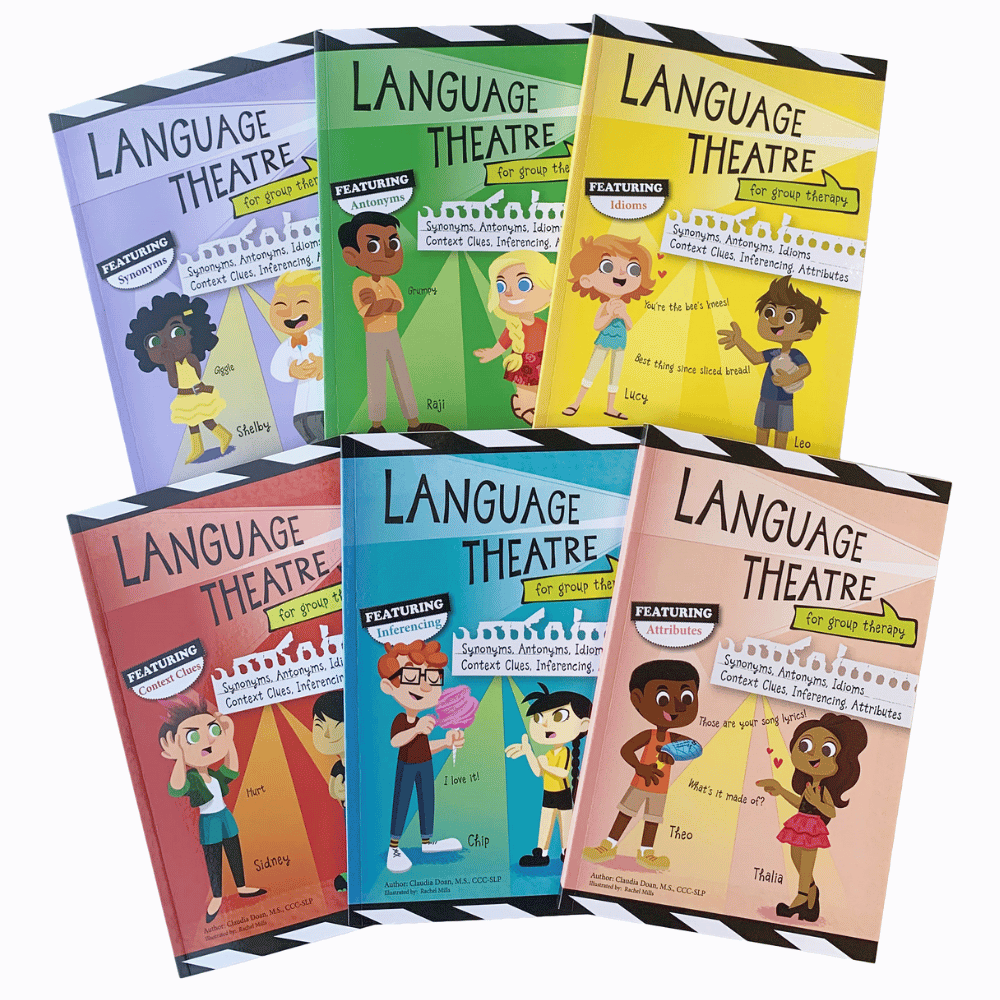 Set of colorful books titled 'Language Theatre' with character illustrations on a white background.