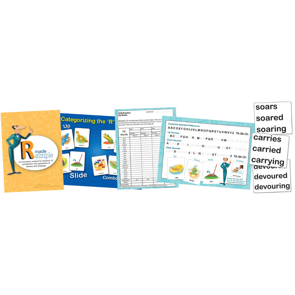 Educational materials including a book and worksheets on a white background