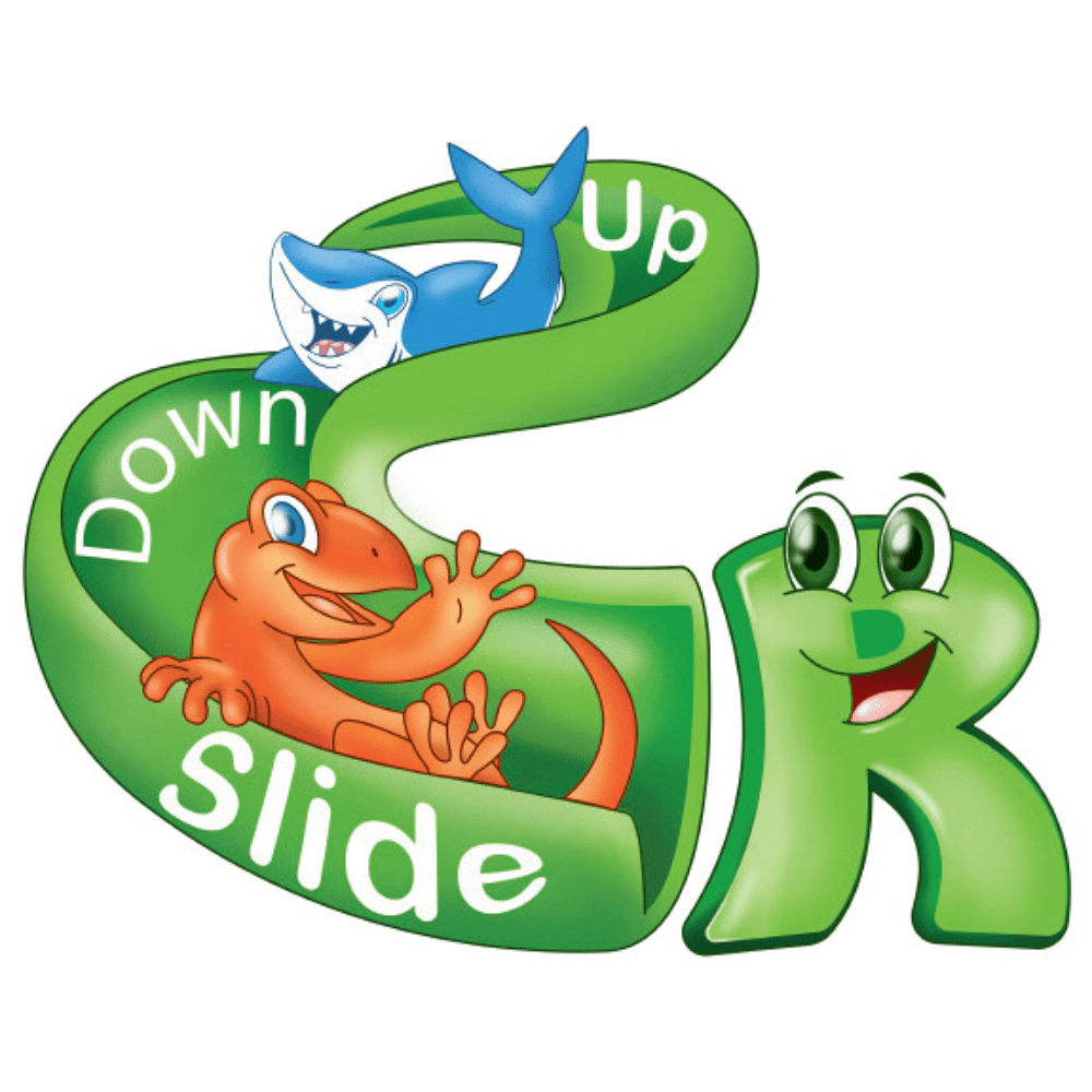 Cartoonish green slide with a shark and a dinosaur on a white background
