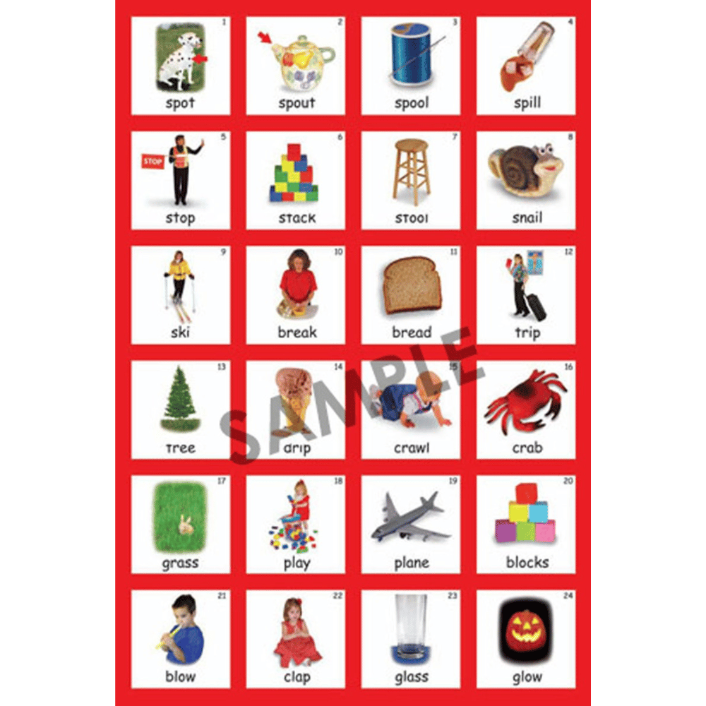 Collection of educational flashcards with pictures and words on a red background.