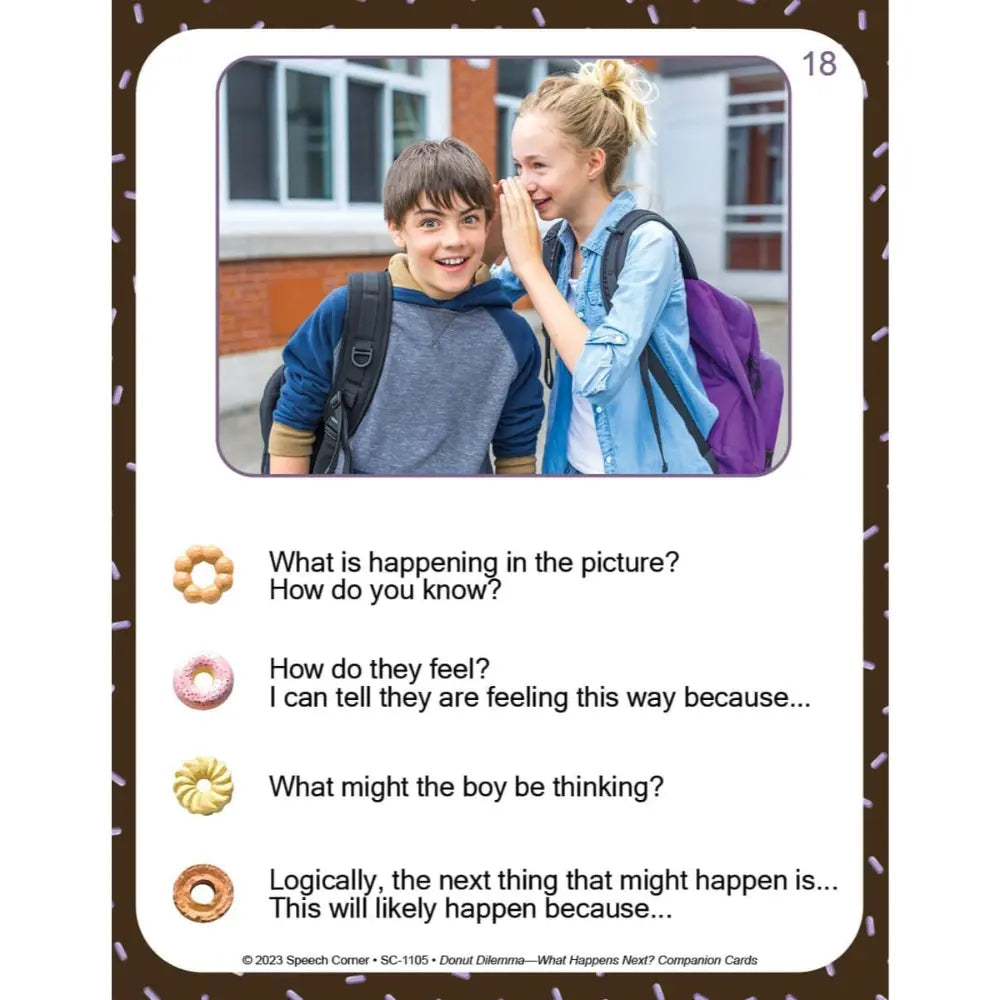 A printed educational card with a photo of two smiling young people with backpacks standing outdoors near a building, plus text prompts about what is happening, their feelings, and possible thoughts of the boy. The card is shown against a white background with a decorative brown border.
