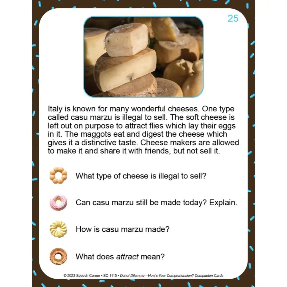 An educational comprehension card about casu marzu cheese, featuring a small photo of cheese slices at the top, a short text explanation, and four multiple-choice questions with donut and pink donut icons.