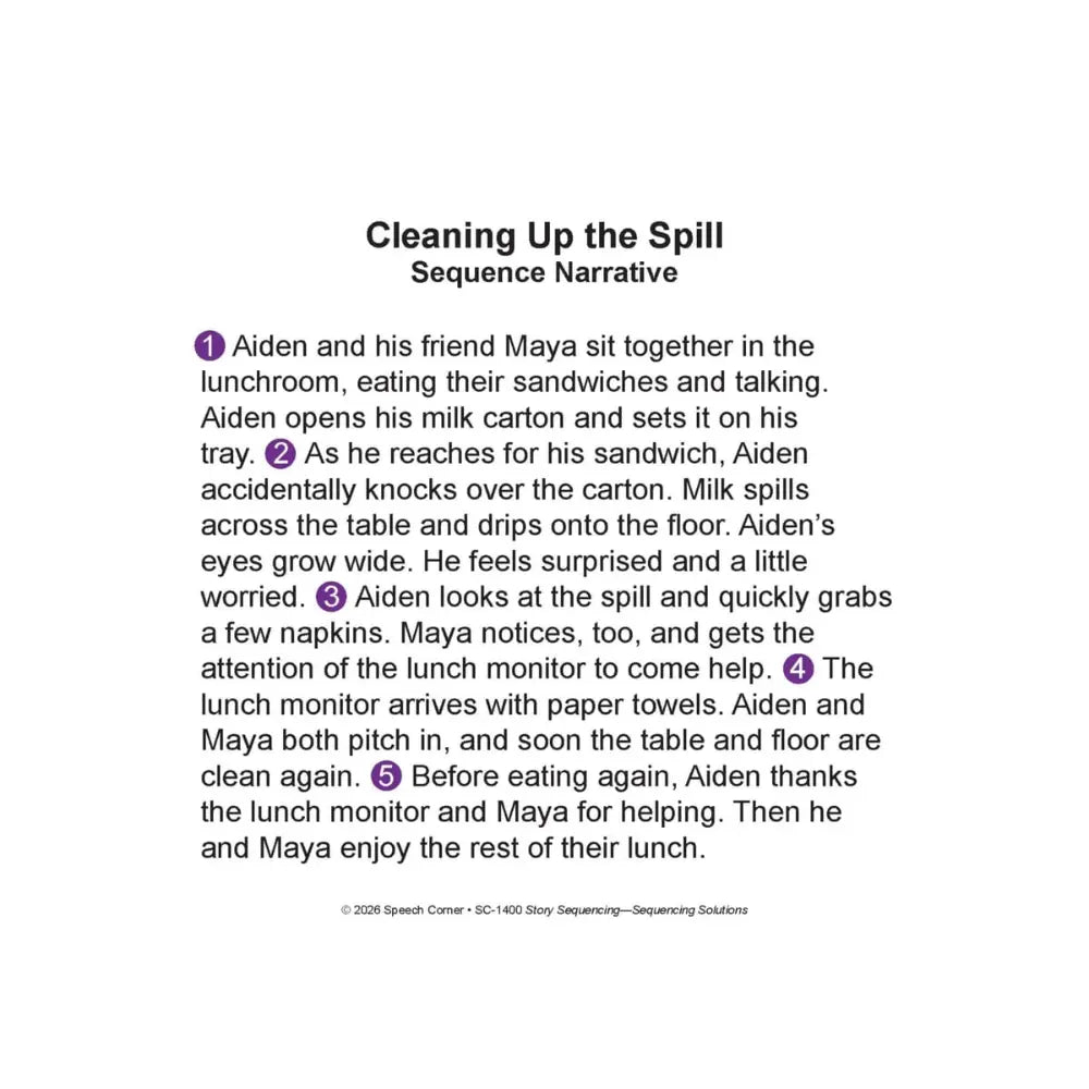 A page from a children's storybook or educational resource titled 'Cleaning Up the Spill' with the subtitle 'Sequence Narrative' and five numbered paragraphs describing a lunchroom scene where milk spills on the floor.