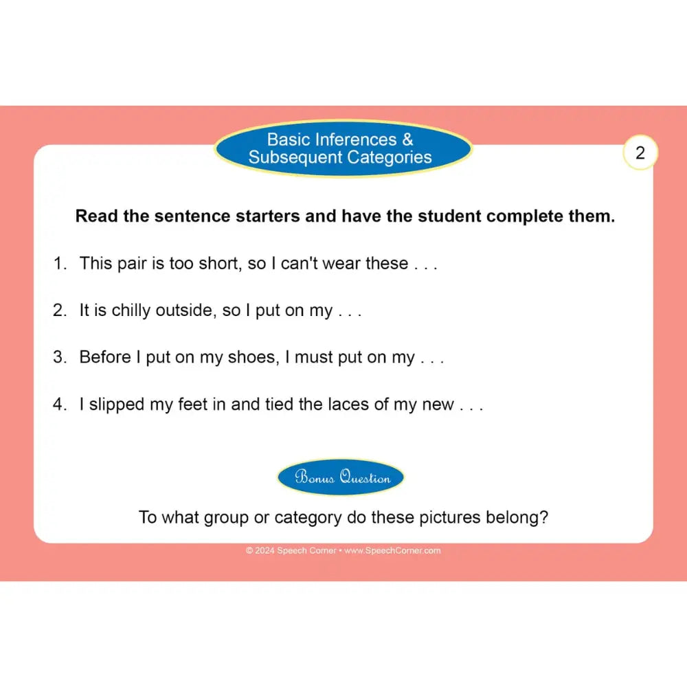 An educational card titled 'Basic Inferences & Subsequent Categories' with numbered sentence starter exercises and a question about picture categories, presented on a pink and white background.