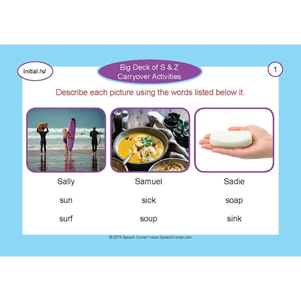 A printed educational worksheet page titled 'Big Deck of S & Z Carryover Activities' with a light blue border. The page shows three photo panels and word lists under headings 'Initial /s', 'Sally', 'Samuel', 'Sadie', 'sun', 'sick', 'soup', 'soap', and 'sink'.