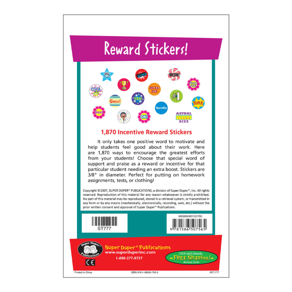Super Duper's 1,870 Incentive Reward Stickers (Back)