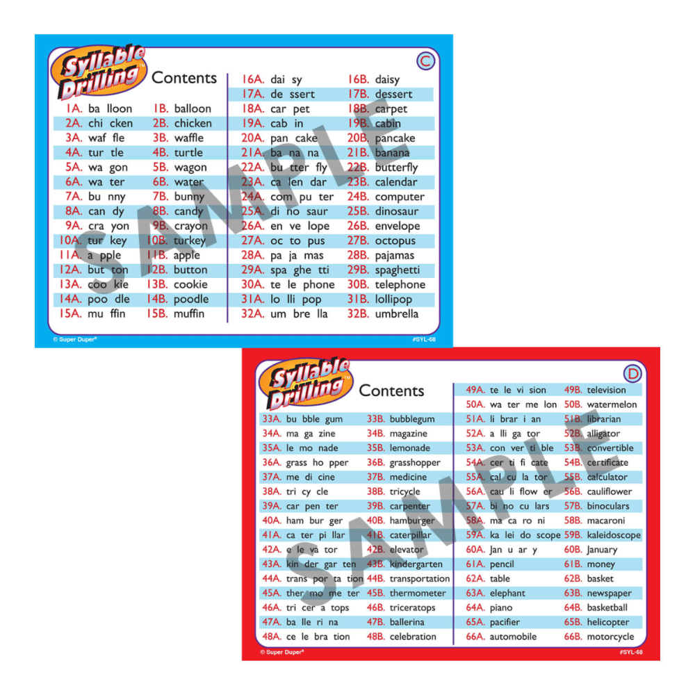 Syllable Drilling™ Card Deck Contents