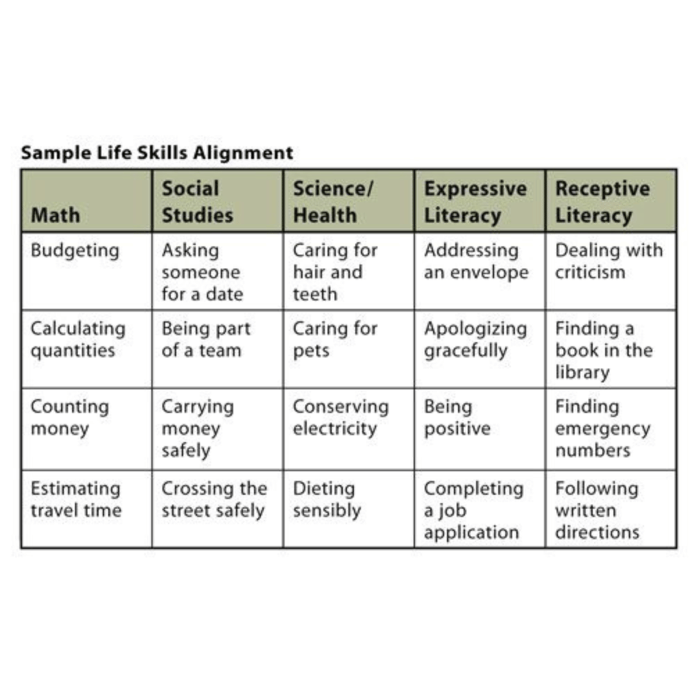 Life Skill Lessons Sample Life Skills Allignmnet chart