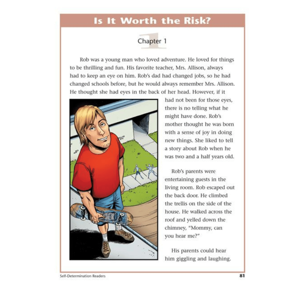 Self-Determination Readers Chapter 1: Is It Worth the Risk? blonde haired teenager holding a skateboard