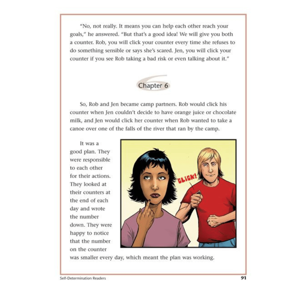 Self-Determination Readers Chapter 6 picturing a brown skinned female teenager with short dark hair wearing a pink shirt and a white blond teen male wearing a red shirt