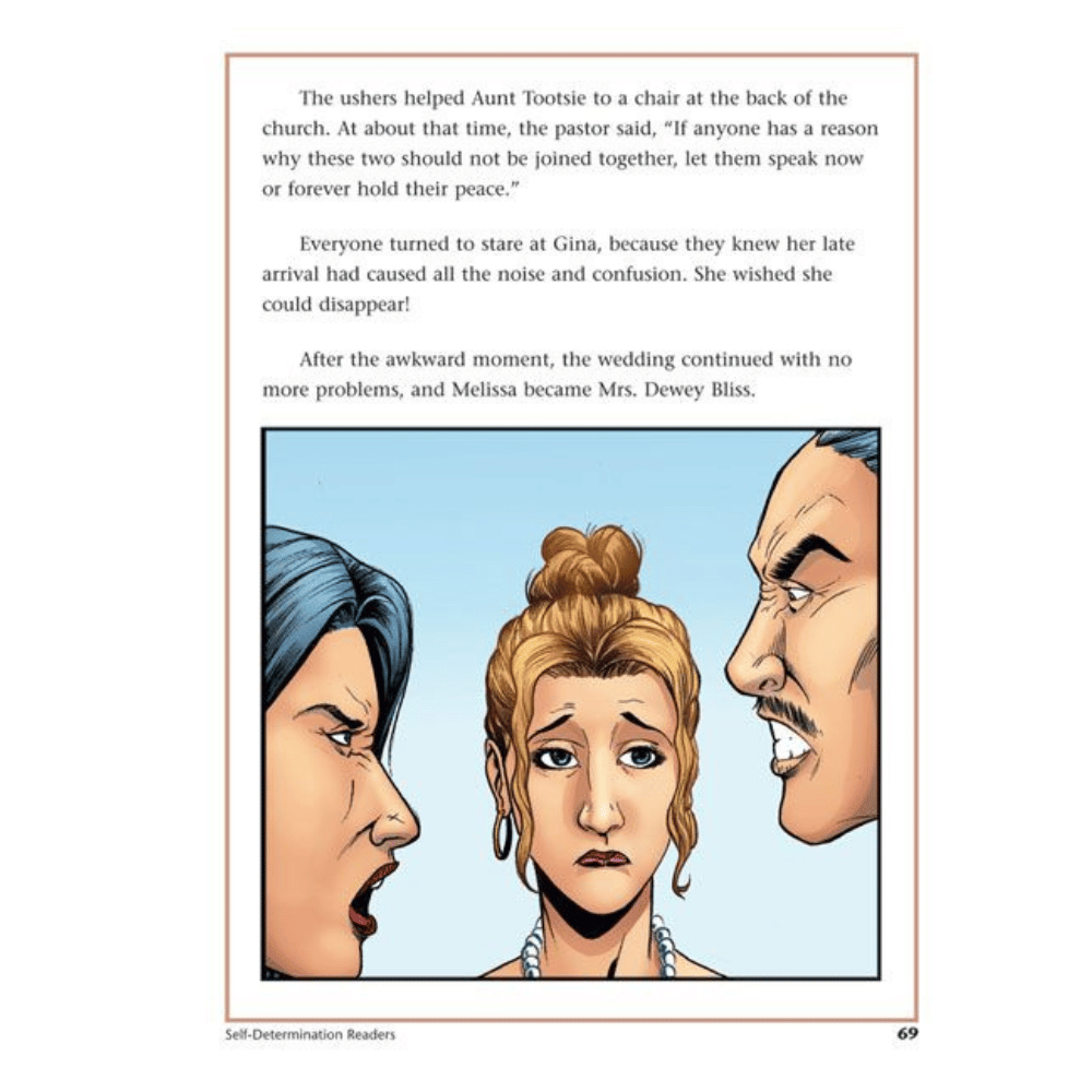 Self-Determination Readers graphic novel excerpt picturing a white woman with curly blonde hair looking sad