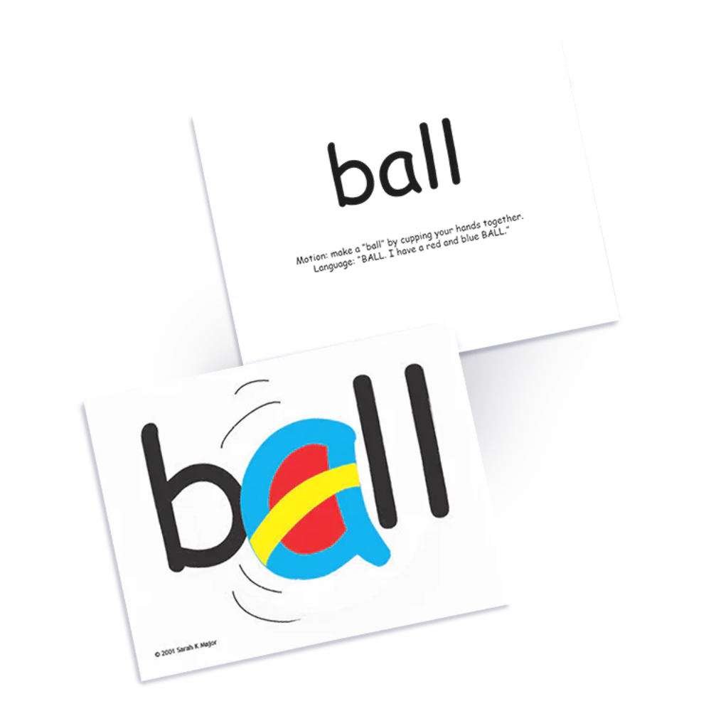 SnapWords® Preschool Teaching Cards illustrated flashcard for the word "ball"