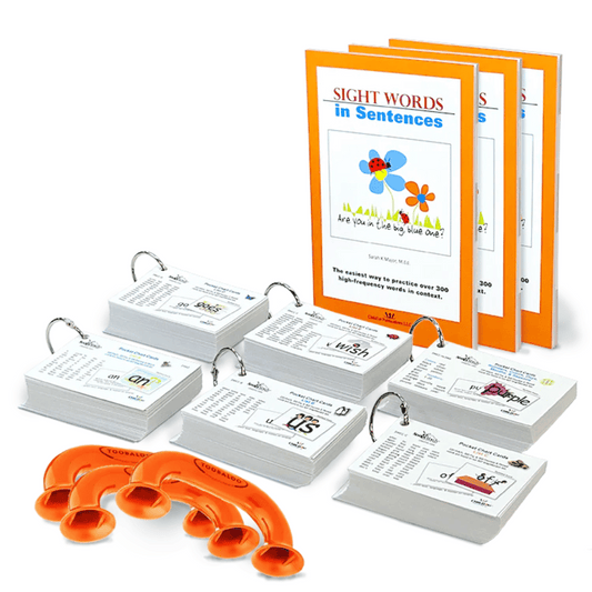 A photo of the SnapWords® 306 Student Kit components (3 books, 6 sets of flashcards on a ring, 3 Tabaloo speaking/hearing devices)