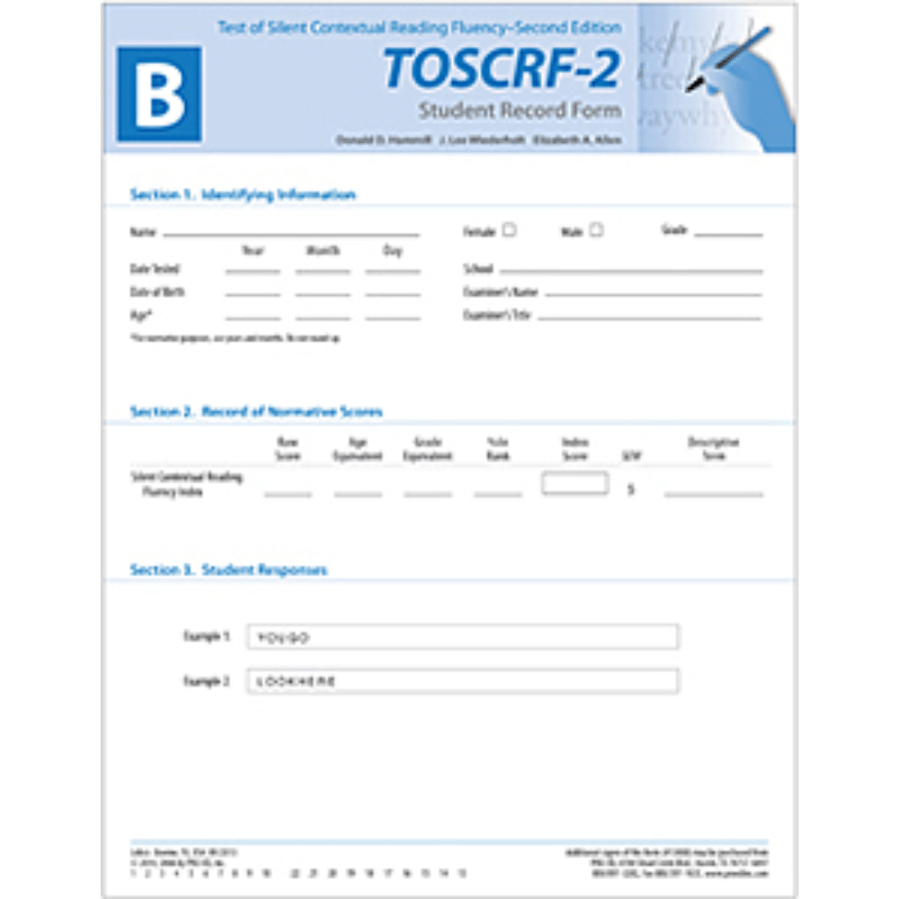 TOSCRF-2: Test of Silent Contextual Reading Fluency (Second Edition) Student Record Form B