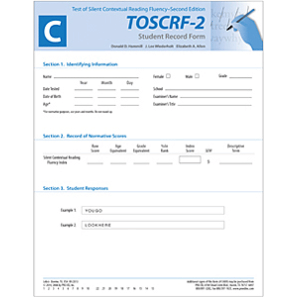 TOSCRF-2: Test of Silent Contextual Reading Fluency (Second Edition) Student Record Form C