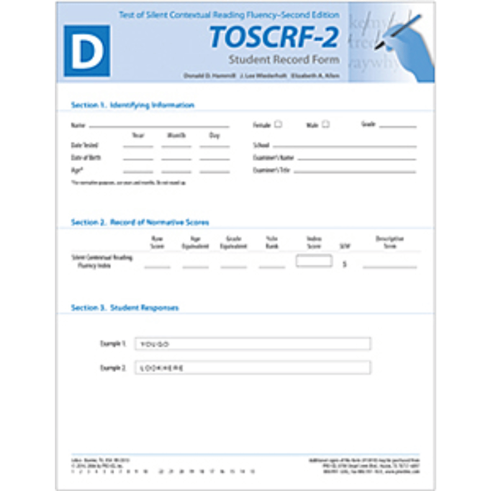 TOSCRF-2: Test of Silent Contextual Reading Fluency (Second Edition) Student Record Form D