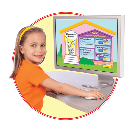 A young girl using the Webber® Interactive "WH" Questions CD-ROM to improve her language skills