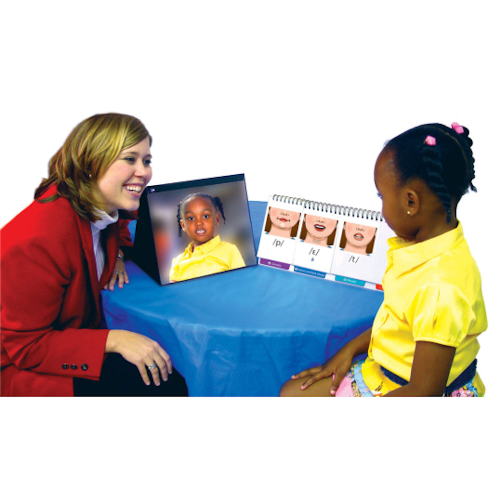 Speech-Language Pathologist (SLP) using the Say and Do® Sound Production Flip Book to help teach a student sound production