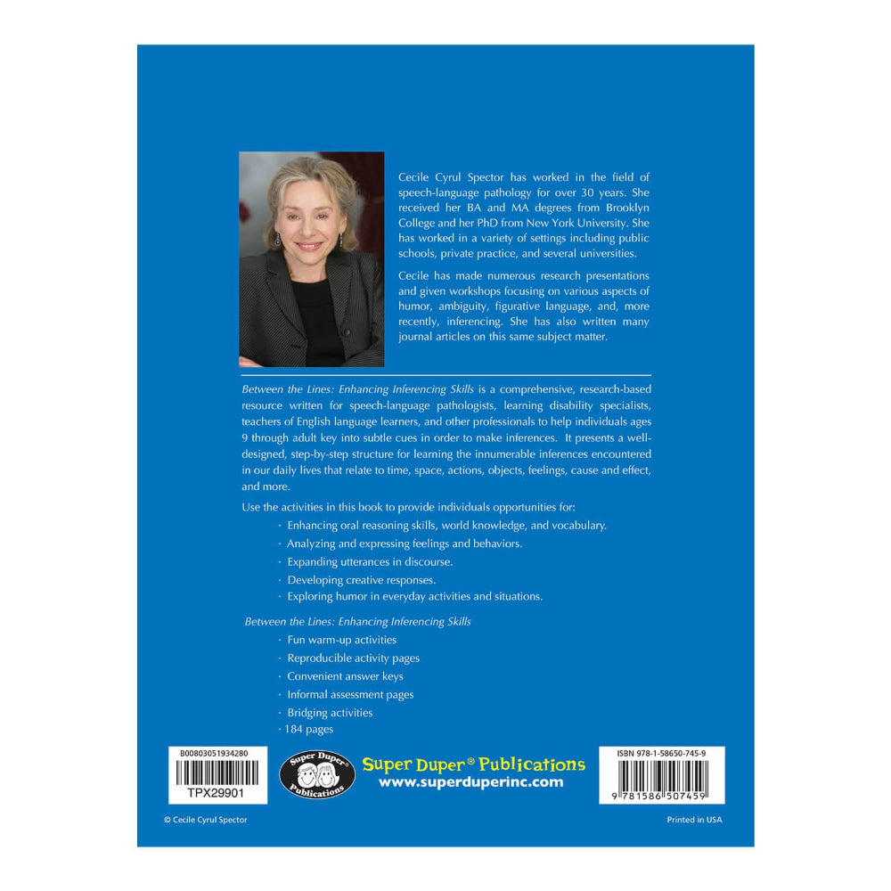 Book back cover with a blue background, featuring text and a photo of a woman.
