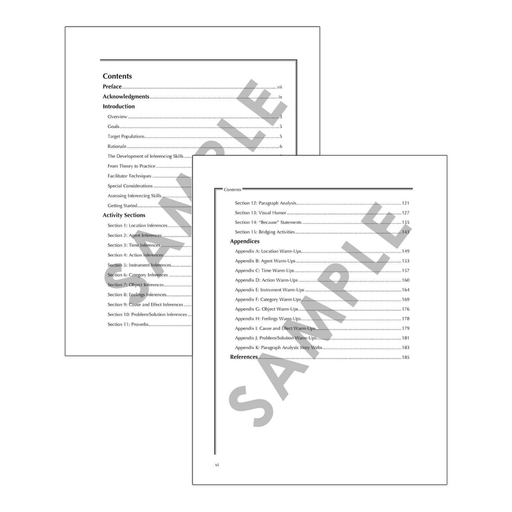 Table of contents pages from a book or document with 'SAMPLE' text overlayed.