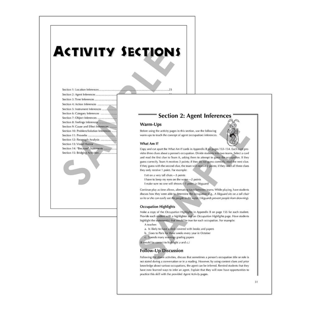 Two pages from a book or document titled 'Activity Sections' with text and headings.