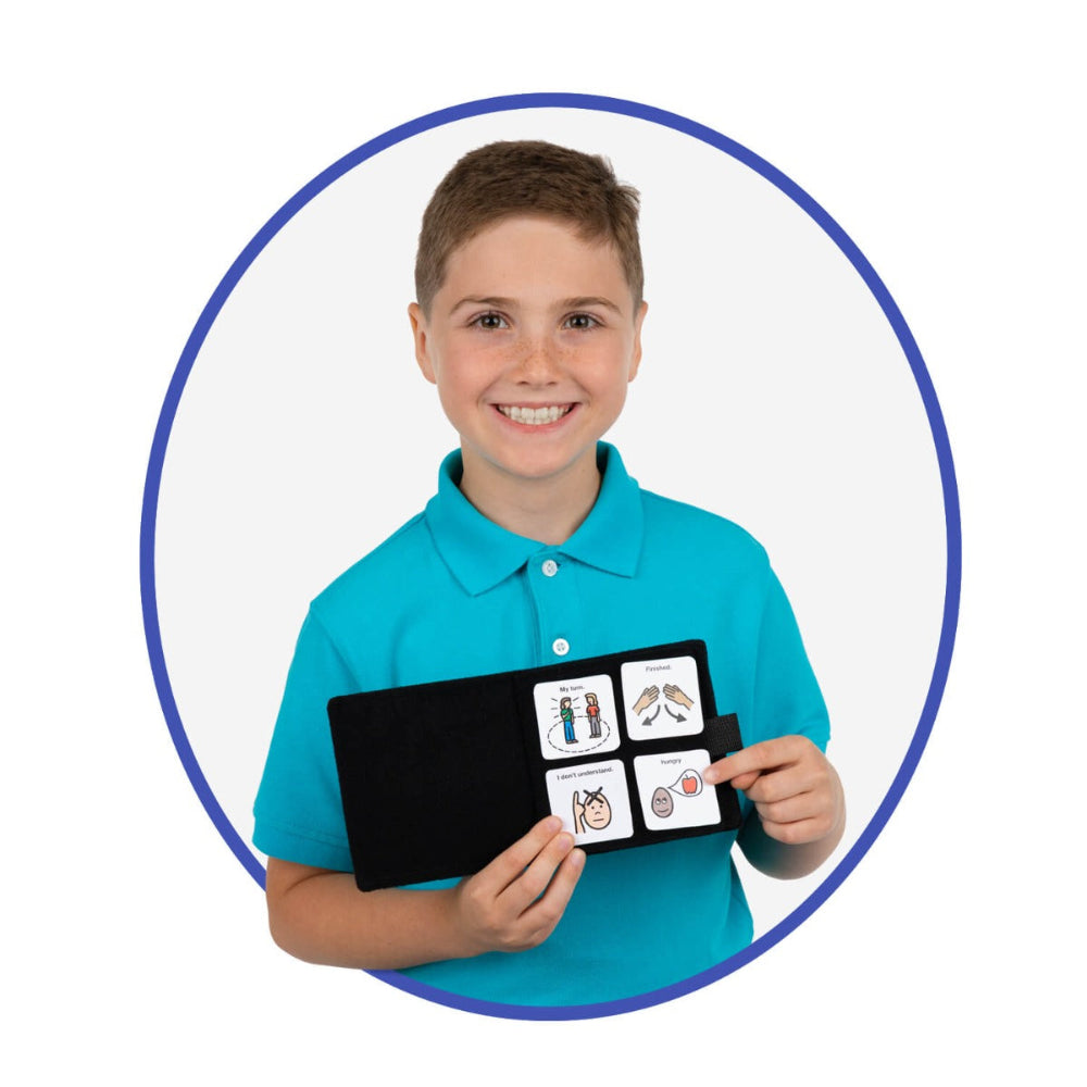 Child using Portable Communication Book with communication cards