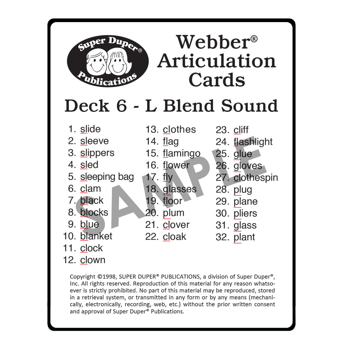 Webber® Articulation Cards (Set 1) (S, R, L, Z, S Blends, R Blends, L Blends)