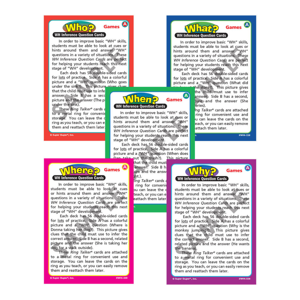 Ring Talkers® WH Inference Question Cards, instruction cards for Who, What, When, Where, Why decks