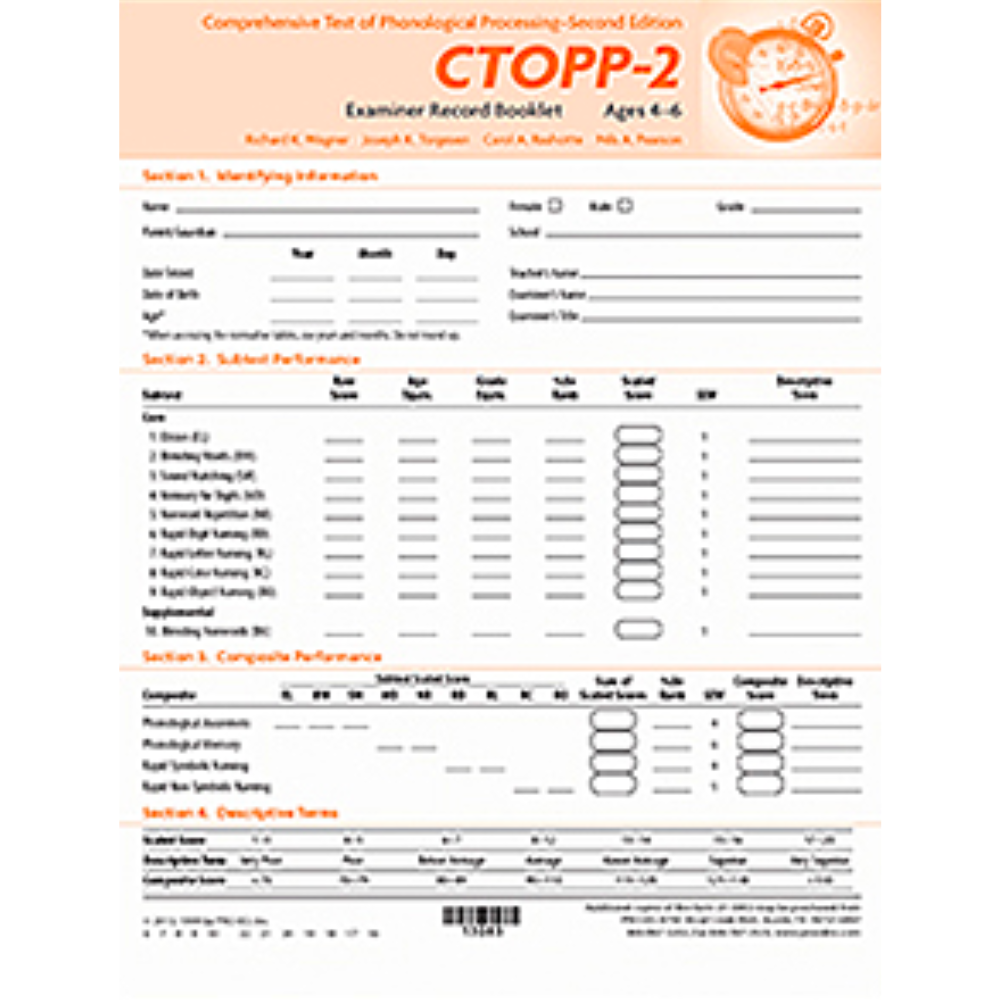 Comprehensive Test of Phonological Processing (CTOPP 2), Second Edition, Examiner Record Booklet (Ages 4-6), Canada