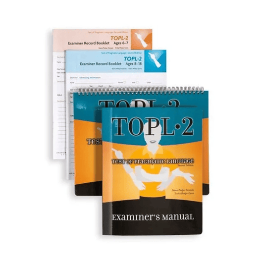 Set of educational materials including 'Examiner's Manual' and 'Examiner Record Booklet' for TOPL-2 on a white background.