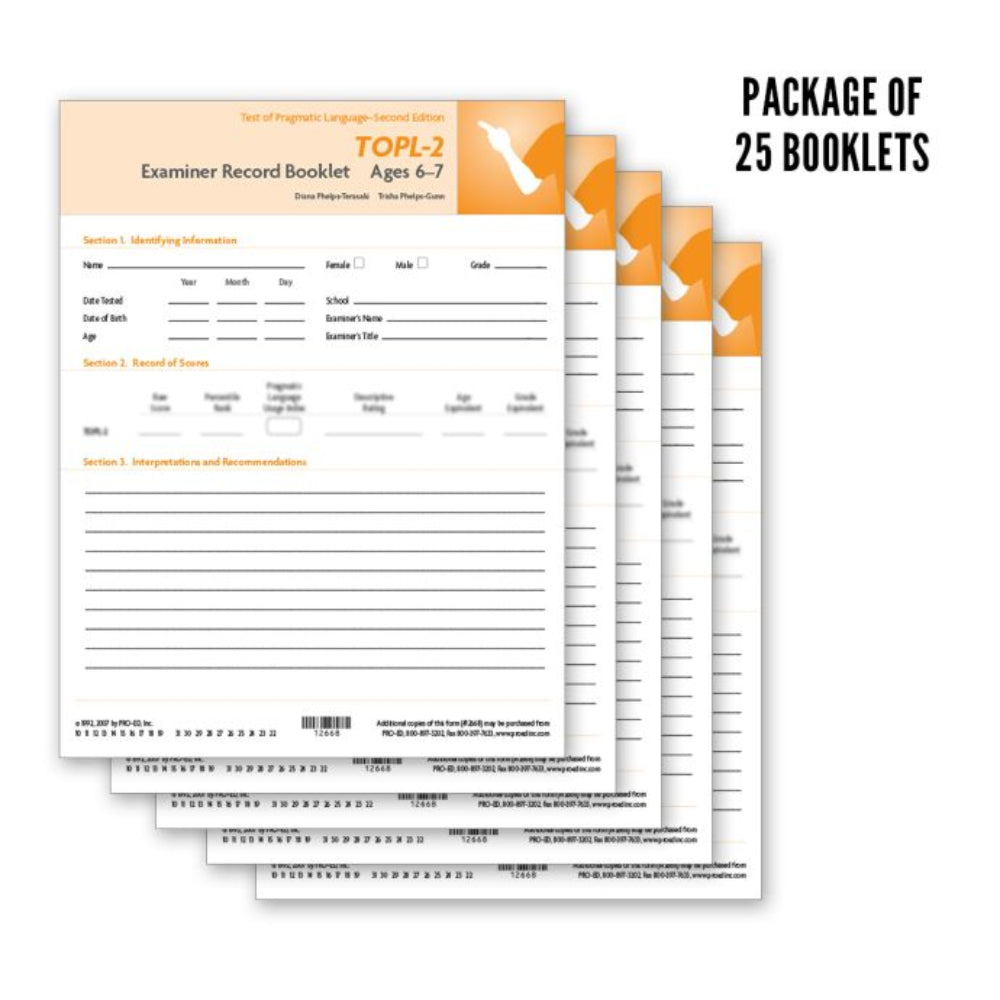 A pack of TOPI-2 Examiner Record Booklets fanned out on a white background, with text in the top right reading 'PACKAGE OF 25 BOOKLETES'. The booklets are white with orange headers and black text.