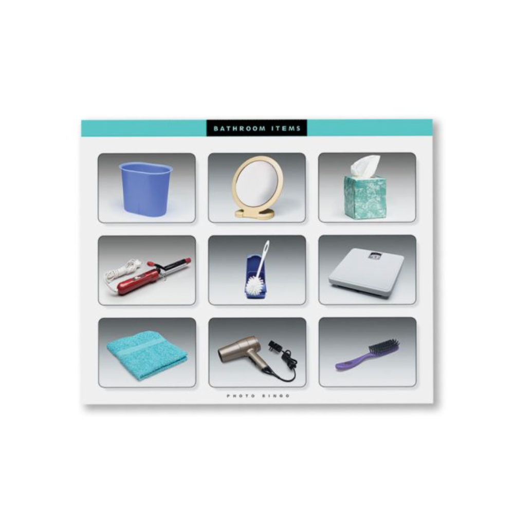 Educational bingo card of bathroom items including a trash can, mirror, tissue box, hair dryer, and brush on a white background.