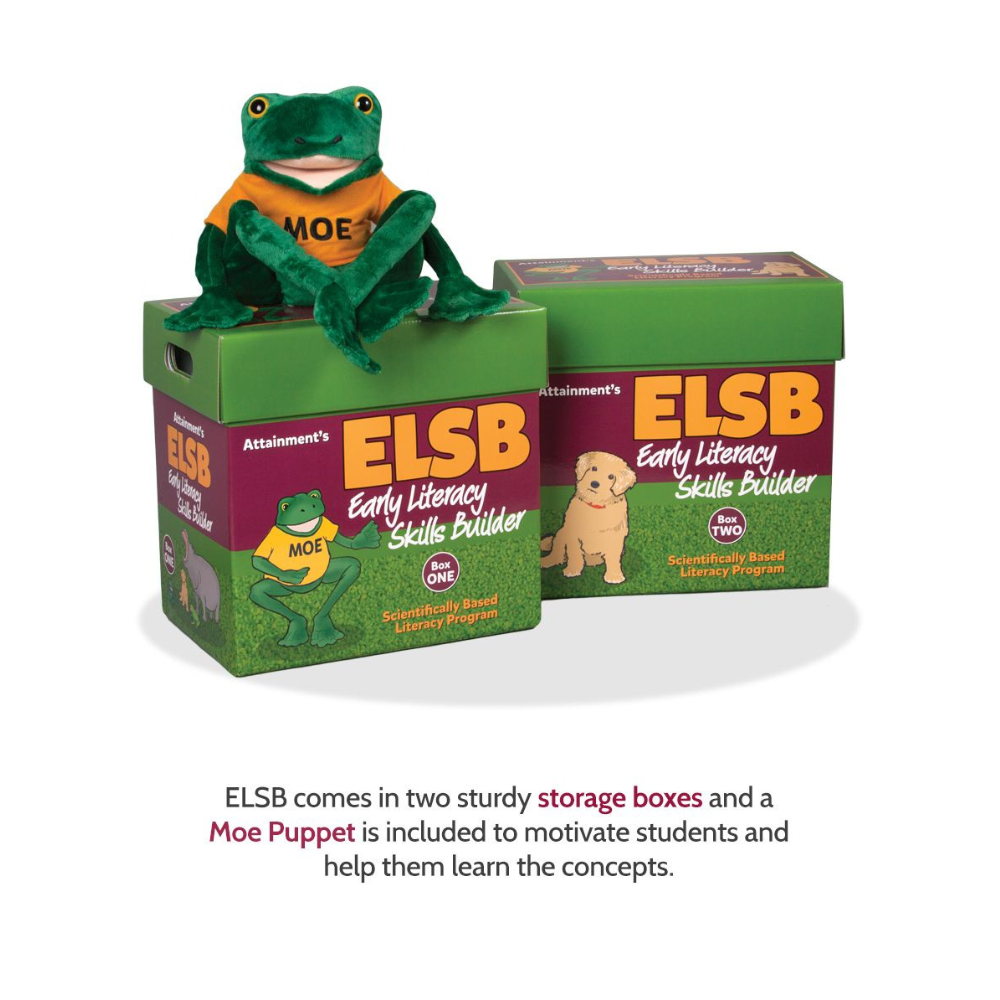 Early Literacy Skills Builder (ELSB) Curriculum Plus, box one and two with frog puppet names Moe