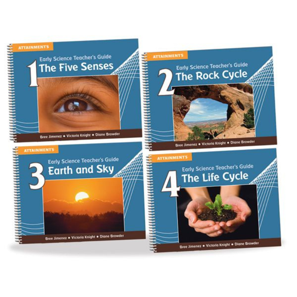 Early Science curriculum teacher's guide books: The Five Senses, The Rock Cycle, Earth and Sky, and The Life Cycle, Canada