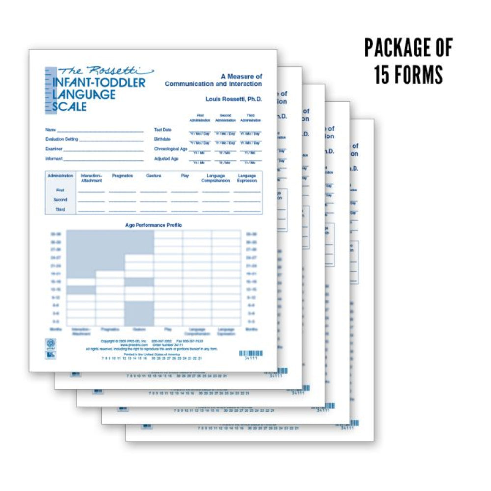 Package of 15 forms for 'The Rotheri Infant-Toddler Language Scale' on a white background.