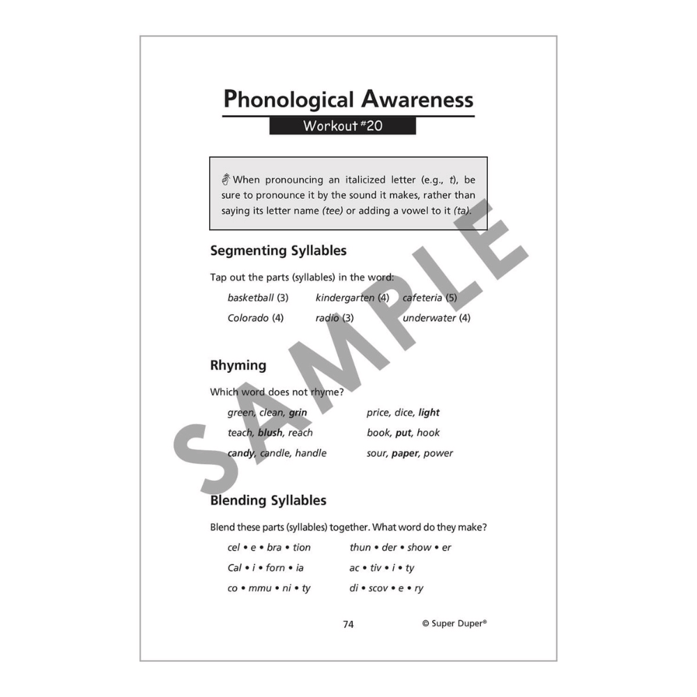Working Out with Phonological Awareness activity page for rhyming practice