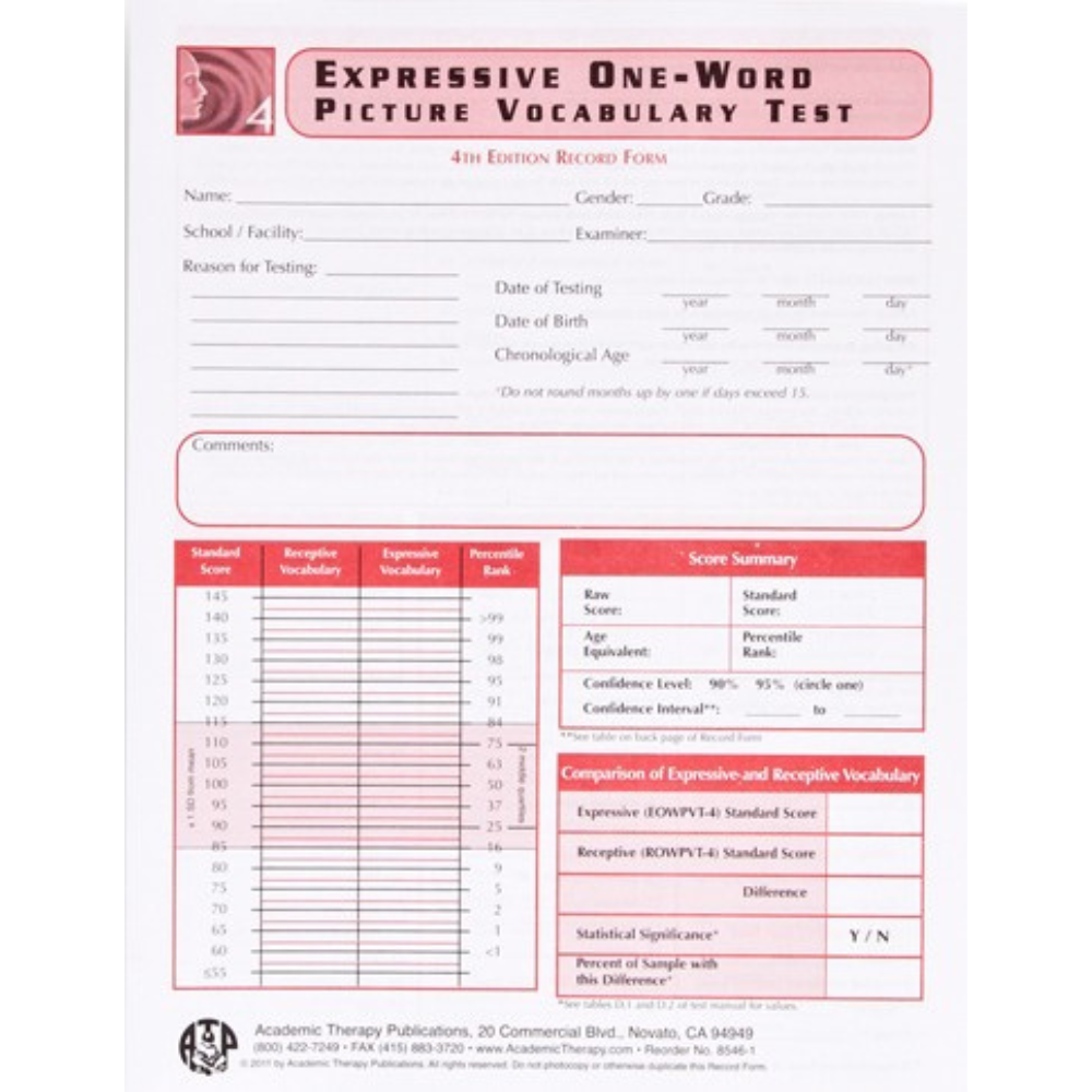 Expressive One-Word Picture Vocabulary Test 4TH Edition Record Forms