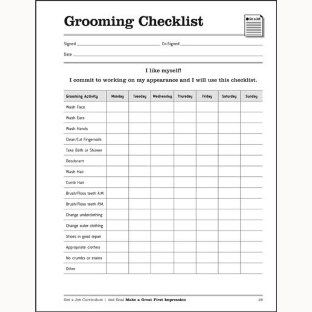 "Grooming Checklist" excerpt from Attainment's Get a Job Curriculum book