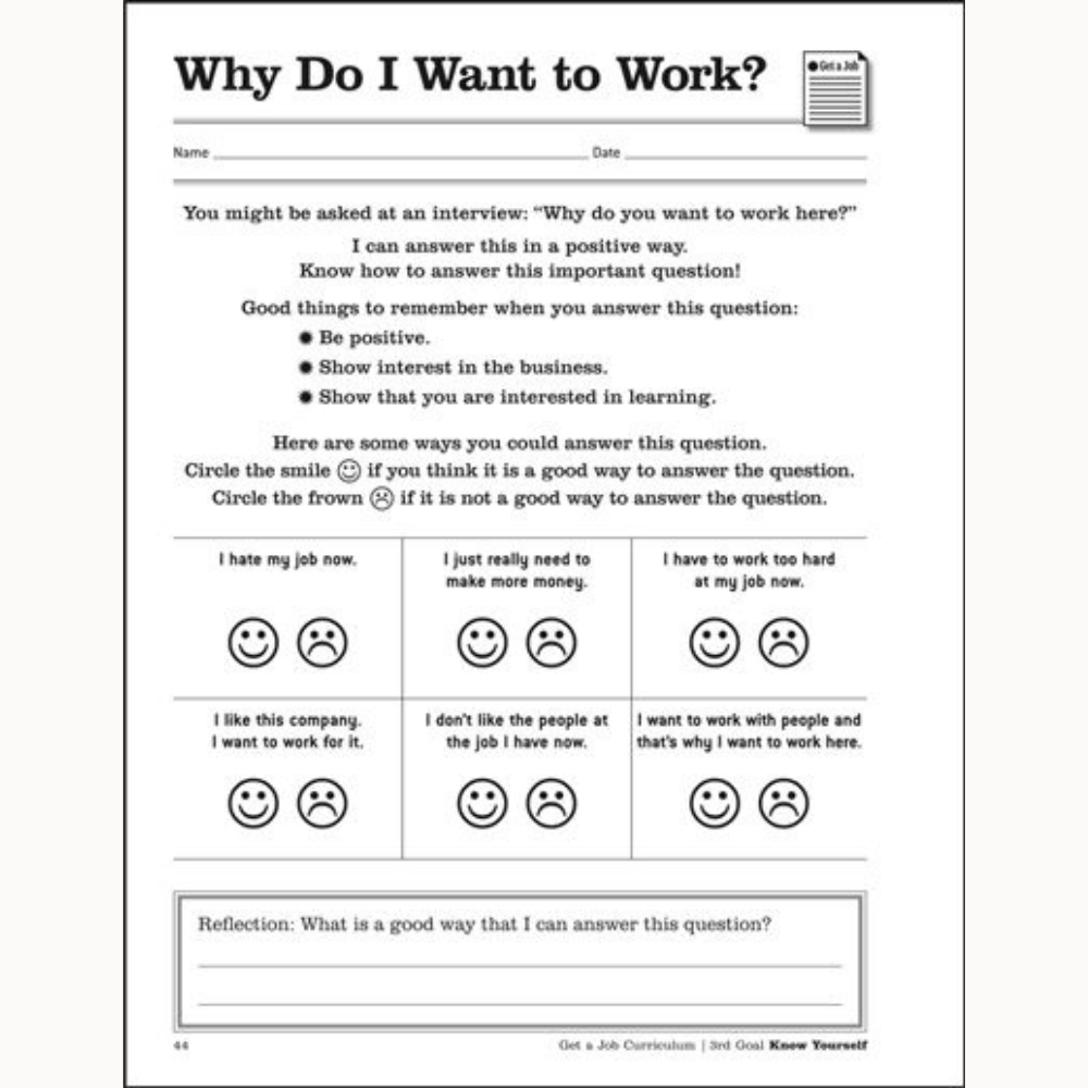 "Why Do I Want to Work" excerpt from Attainment's Get a Job Curriculum book