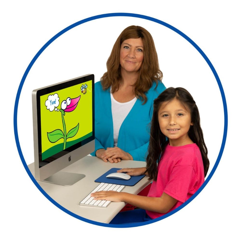 Speech-Language Pathologist (SLP) using Super Duper's Auditory Memory for Short Stories® CR-ROM program with a speech therapy student