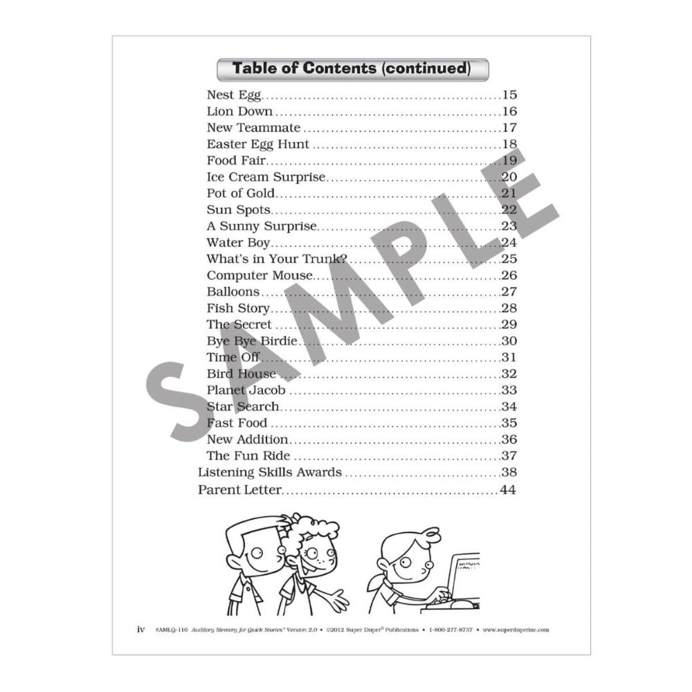 Super Duper Auditory Memory for Short Stories® table of contents