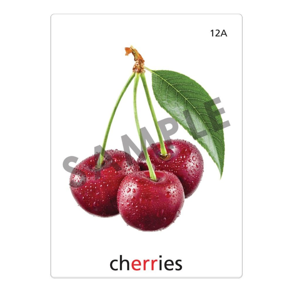 An articulation and language learning resource flashcard with a photo of cherries on it